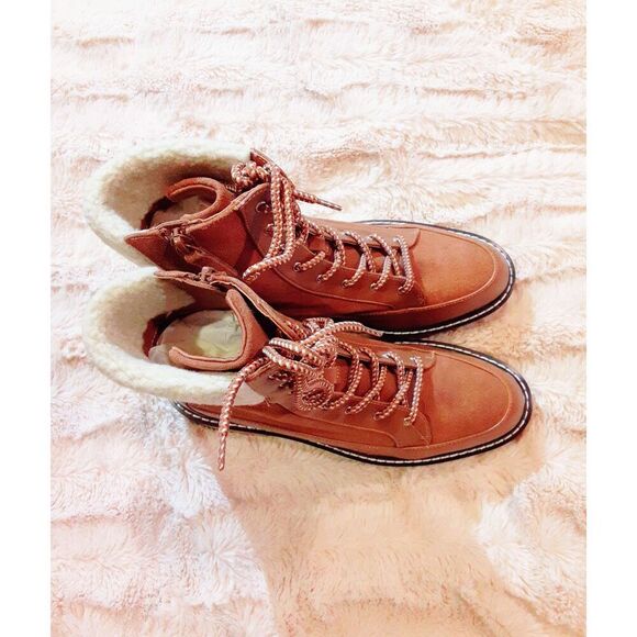 Violet & Red Womens Alexa Fleece Lined Lug Sole Leather Combat Boots 8.5 Cognac - Picture 6 of 8